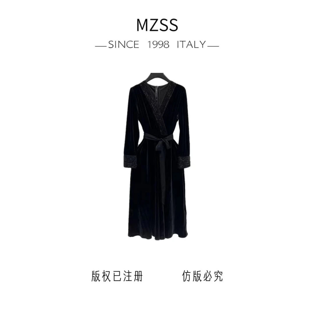 小敏家-黑色丝绒气质优雅设计师款连衣裙高端女装