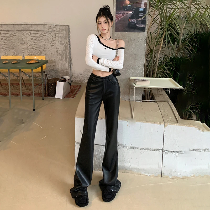 黑色微喇叭皮裤女秋冬季新款低腰显瘦牛仔外套女款爆款2025新款