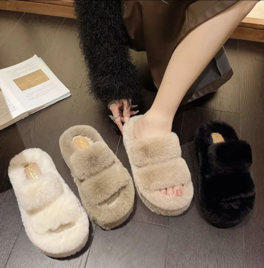 【步百步】298双带毛拖鞋女秋冬新款网红韩版外穿厚底加绒棉毛拖+2