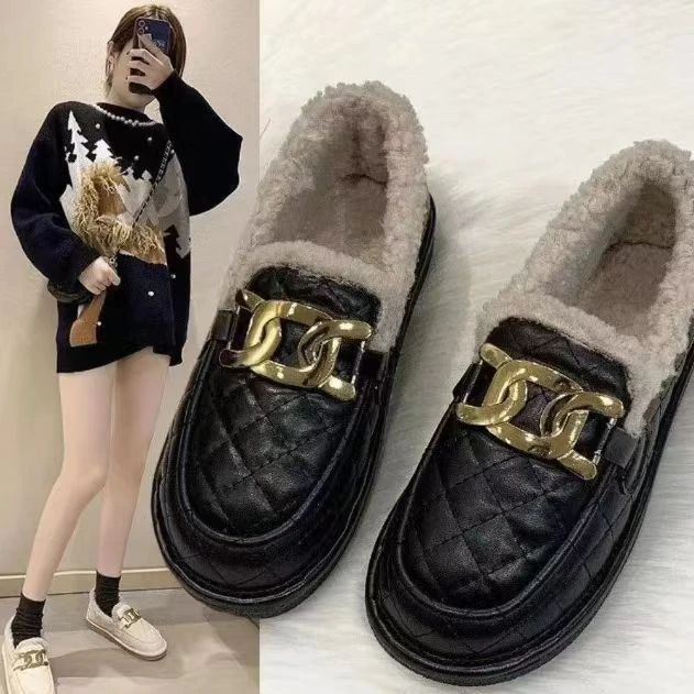 【075】冬季新款女士xh皮革豆豆鞋加绒保暖女鞋乐福鞋女外穿平底