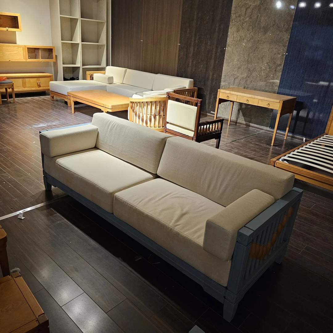 【灵知清货专场04】曼谷-双扶三人位蓝色白蜡木沙发1-SF-02