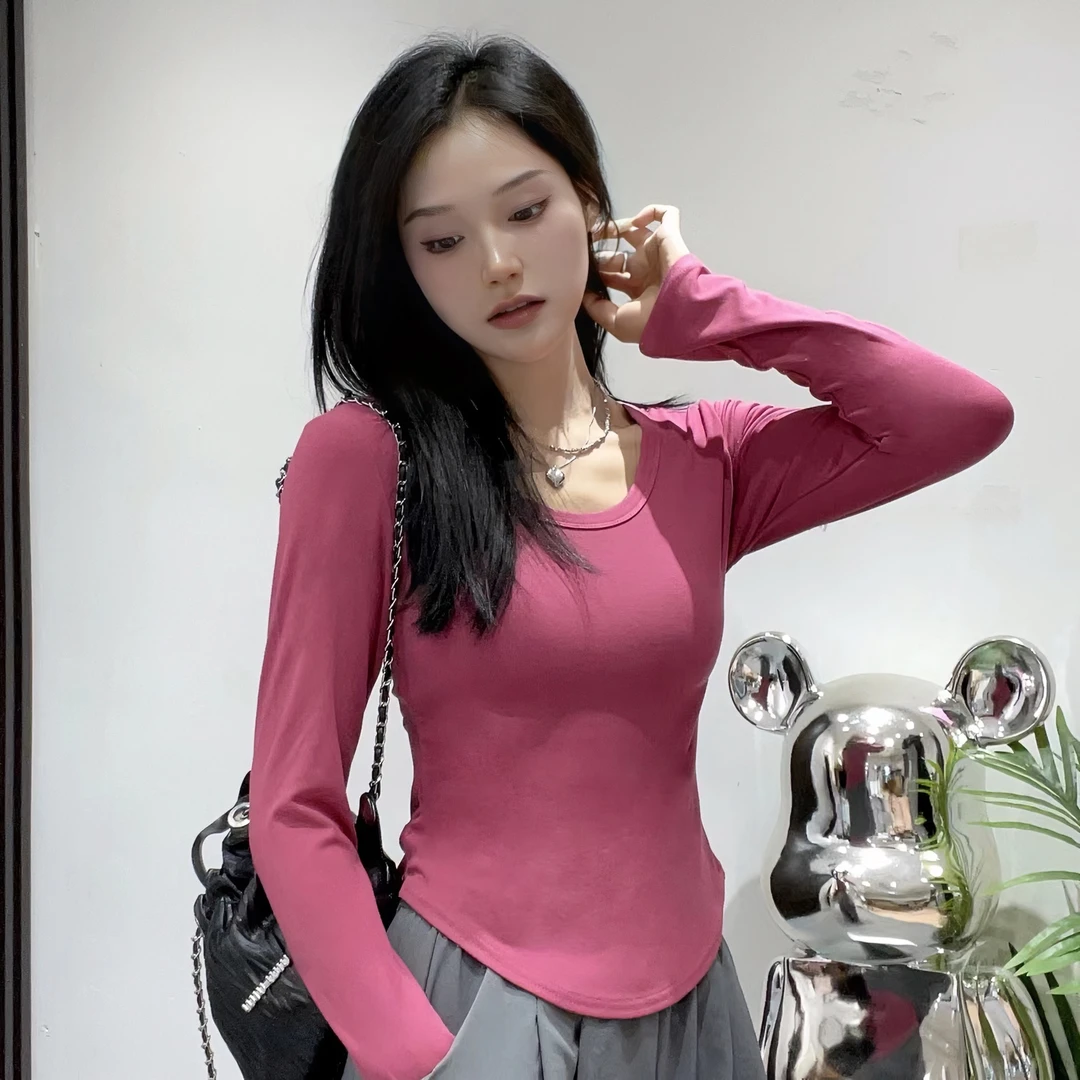 2025秋冬新款韩版百搭纯色修身型显身材U领长袖简约风t恤上衣