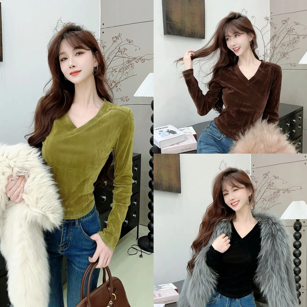 《法式轻奢》设计感V领丝绒气质上衣（#2978）