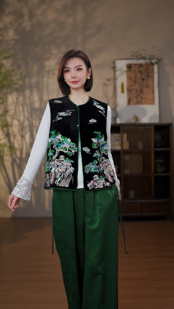 GONG QUE【富春山居】新中式早秋款圆领珠片绣真丝丝绒马甲 242037