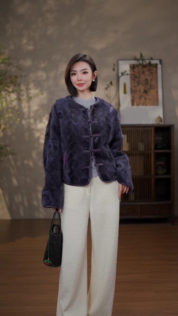 GONG QUE【小月牙】新中式秋冬款水貂双面穿圆领外套 242132