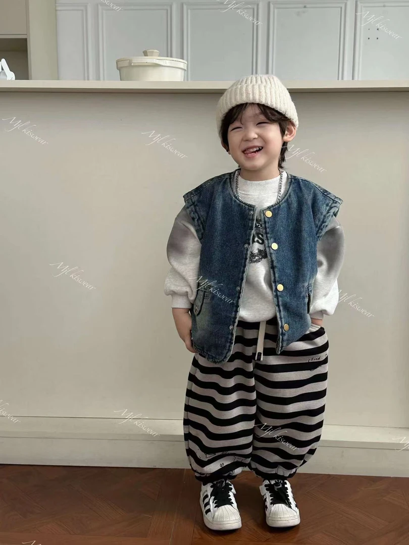 MJL 韩版深秋 卫衣 马甲 条纹裤 儿童组合套装A882