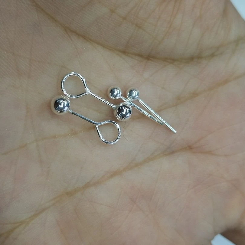 足银银制品 【足银耳钉】足银豆豆弯钩直钉耳钉免堵银耳棍耳针