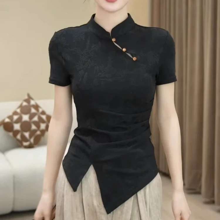 新中式国风镂空立领盘扣短袖上衣夏季新款收腰显瘦不规则T恤衬衫