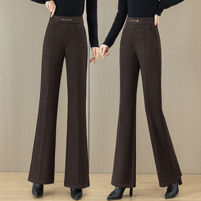 咖色毛呢微喇裤子女秋冬高腰2024新款女士加厚加绒休闲直筒喇叭裤