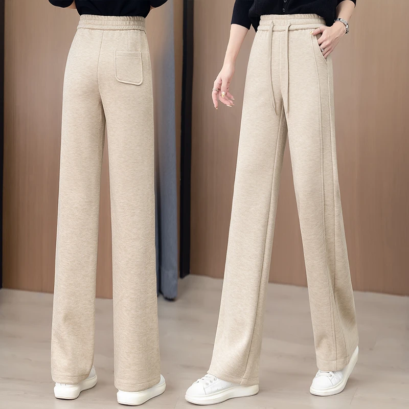绵羊毛冬季喇叭裤2024秋冬新款高腰后松紧加厚休闲长裤毛呢微喇裤