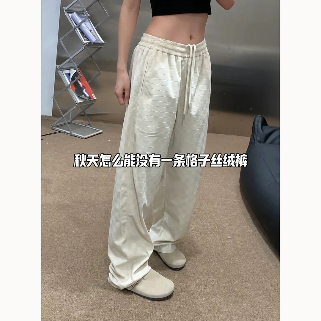 老钱风棋盘格灯芯绒休闲裤男潮牌春秋款宽松拖地裤女百搭弯刀显瘦