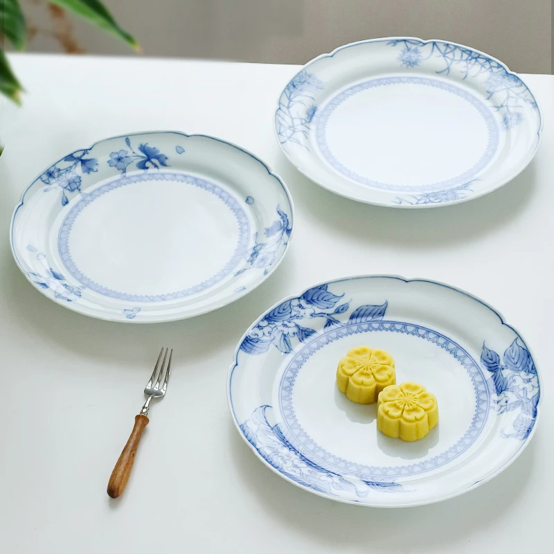 日本进口手绘青花大盘子小鹿田烧陶瓷高档点心水果盘家用日式餐具