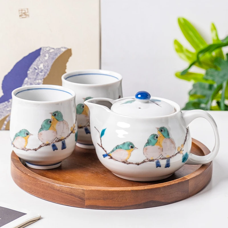 日本进口九谷烧绣眼鸟手绘茶具套装日式和风茶道茶壶简约一壶两杯
