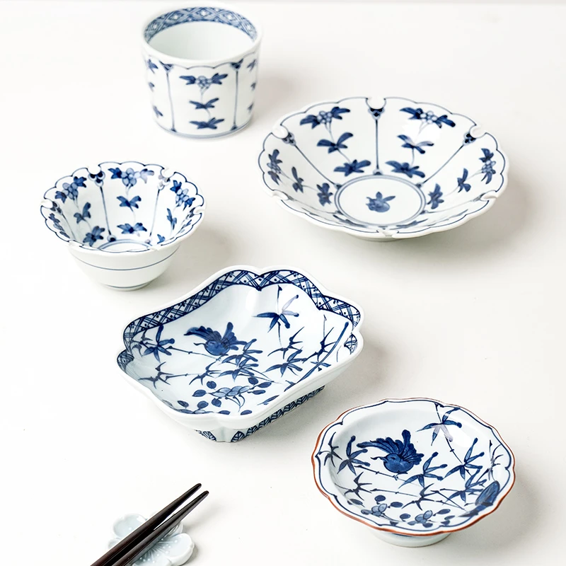 日本制进口波佐见雪轮复古青花陶瓷小钵蘸料碗甜品盘日式料理餐具