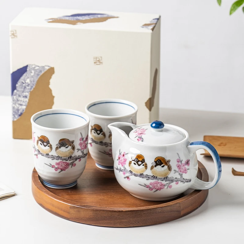 日本进口九谷烧手绘红色梅花雀鸟陶瓷功夫茶壶对杯茶杯子礼盒茶具