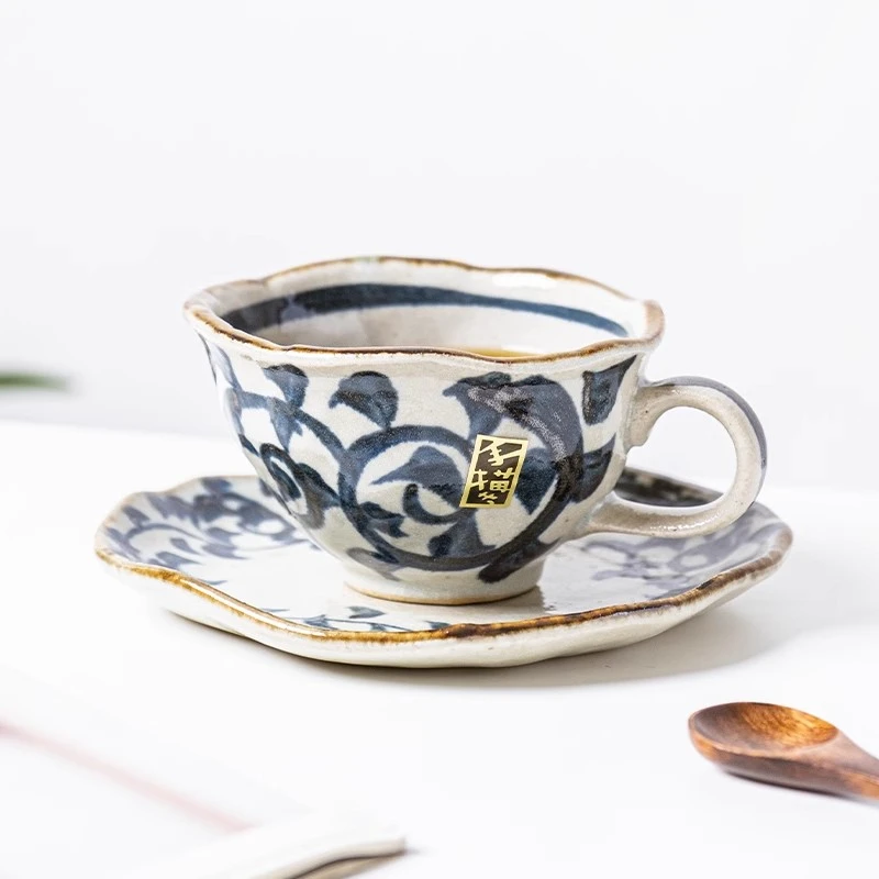 小鹿田烧日本制进口陶瓷复古唐草杯碟套装咖啡杯水杯日式喝茶杯子