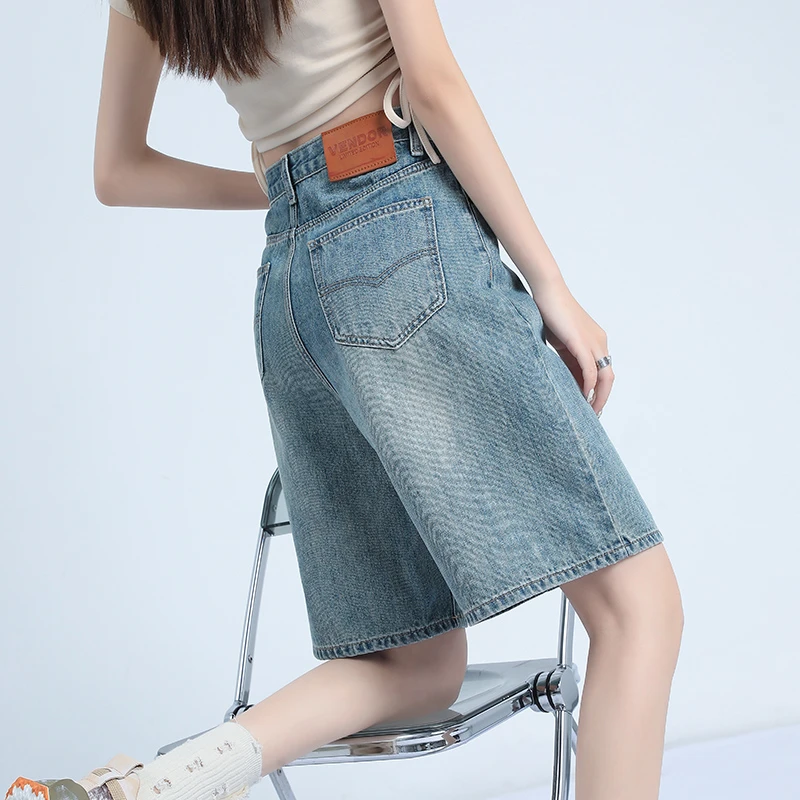 女夏薄款新款高腰大码女款显瘦怀旧休闲百搭阔腿复古五分牛仔短裤