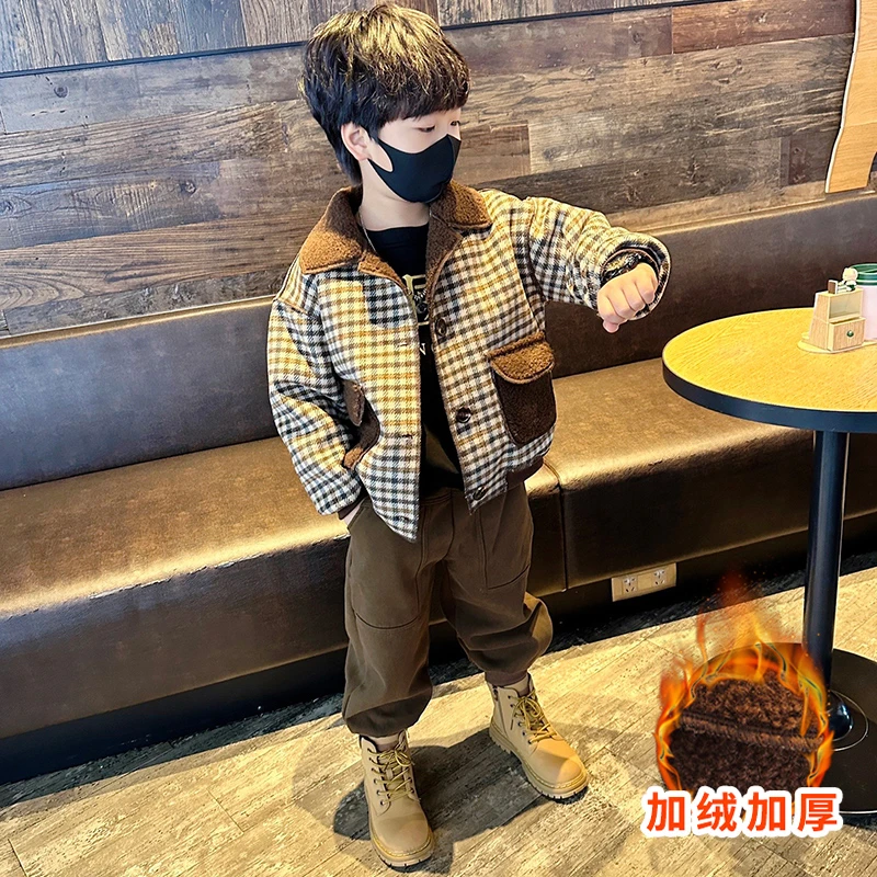 男童加绒外套儿童秋冬洋气格子夹克宝宝炸街韩版帅气一体绒上衣潮