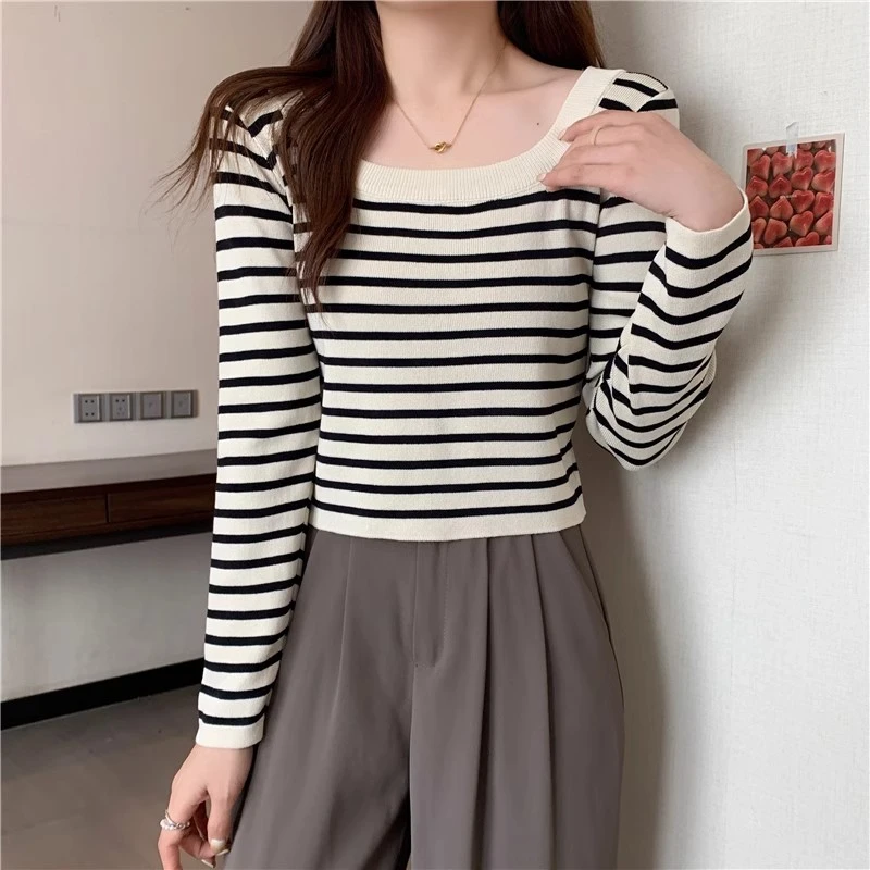法式U领黑白条纹长袖t恤秋季上衣女新款韩系轻熟风内搭打底针织衫