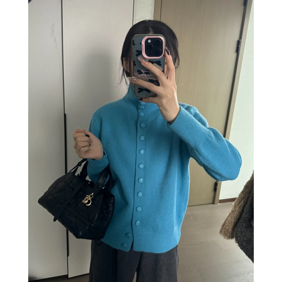 高领针织开衫女2025秋冬季新款复古韩系慵懒风高级感加厚毛衣外套