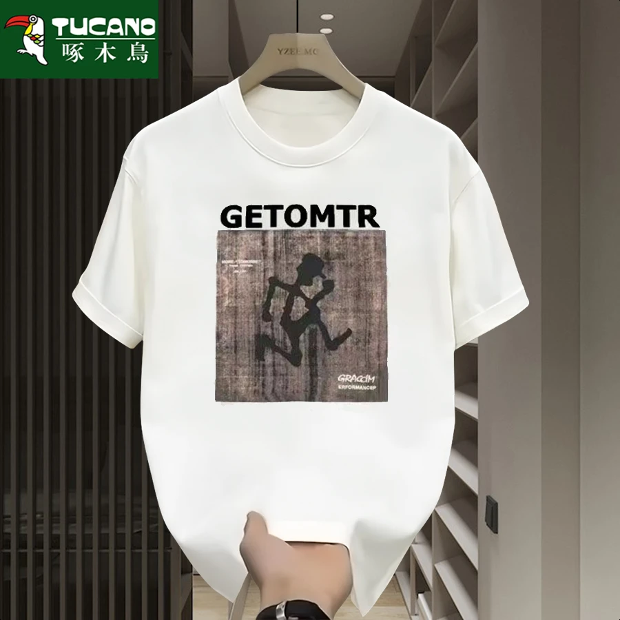 啄木鸟夏季纯棉短袖t恤男女潮流宽松圆领百搭印花全棉半袖ins