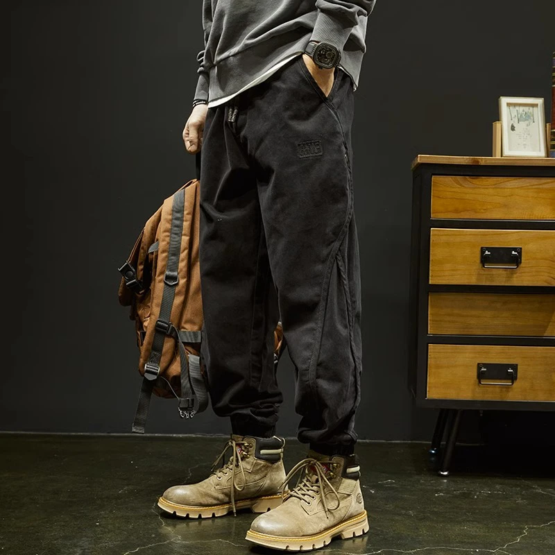 痞帅休闲裤子男士潮牌美式宽松束脚大码哈伦男款秋冬加绒工装长裤