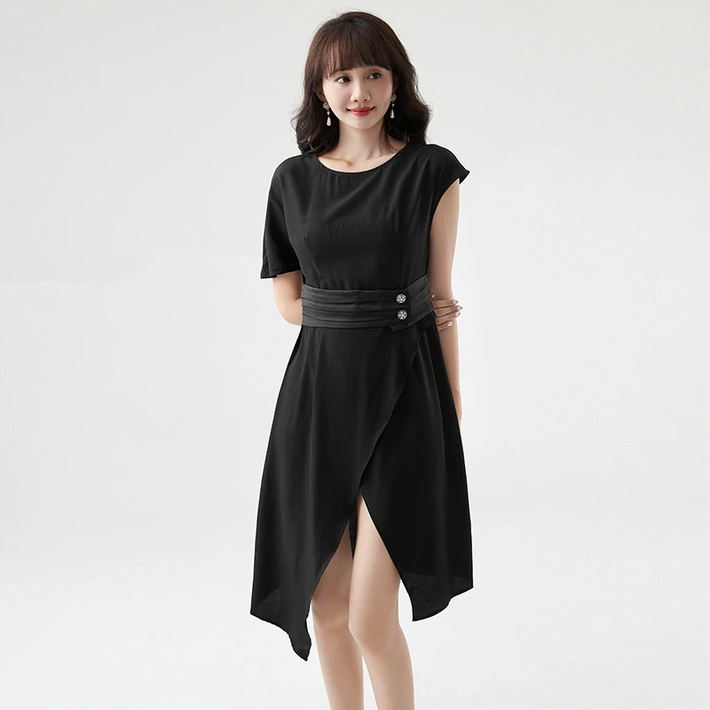 不规则设计中裙修身圆领裙子连衣裙女42SQ0A0039