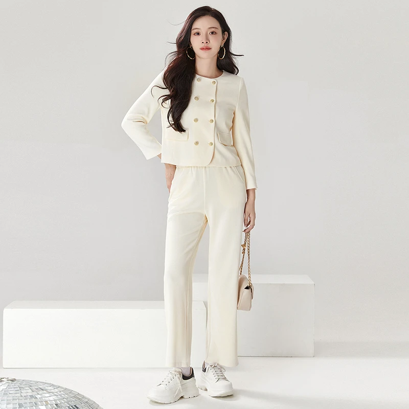 H073双排扣上衣+垂感长裤两件套装女43FA0U0004