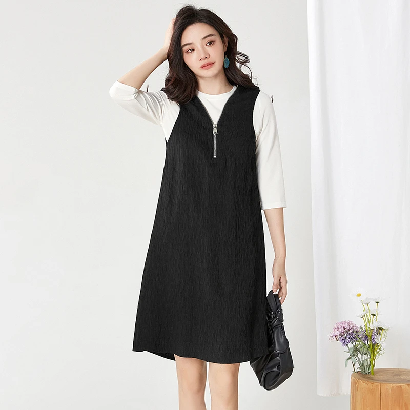 F044七分袖圆领上衣+V领中裙两件套装女2024春41JP0U0002