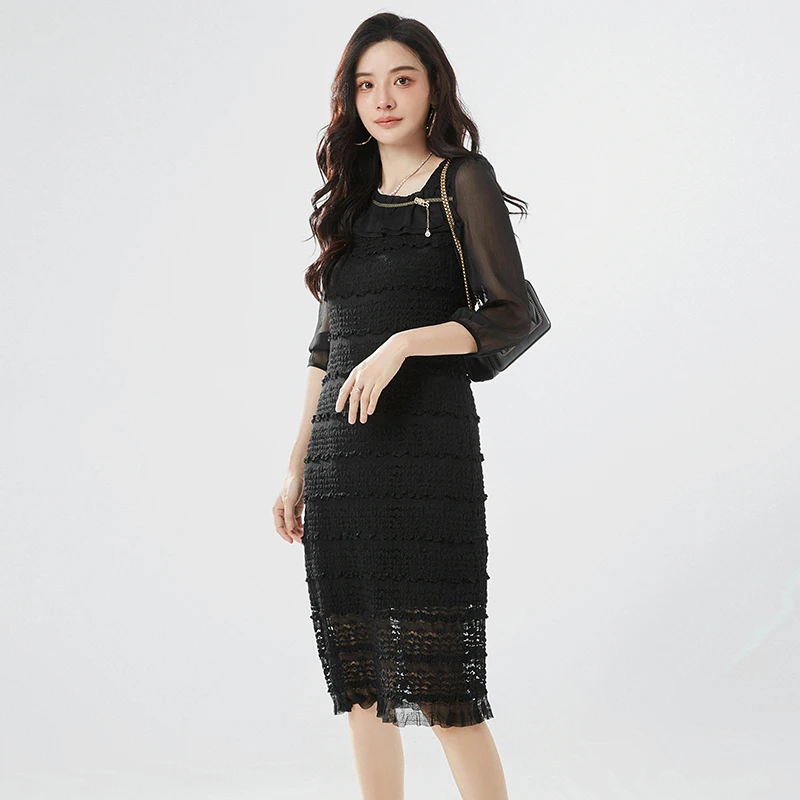 A172通勤素雅套头九分袖中长款连衣裙女41OW0A0003