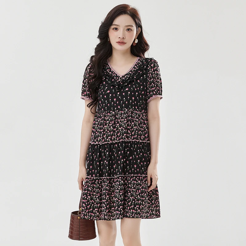 G233细碎花楹V领中裙连衣裙专柜折扣女装42HH0A0384
