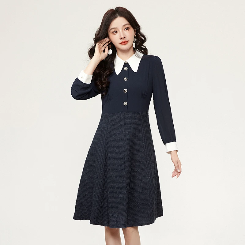 43WU0A0017学院风拼色中裙高腰裙子连衣裙女