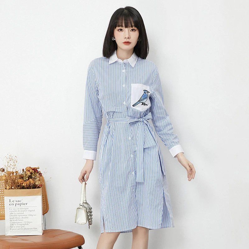 43GK0A0003竖条纹长袖中裙系腰带裙子连衣裙女