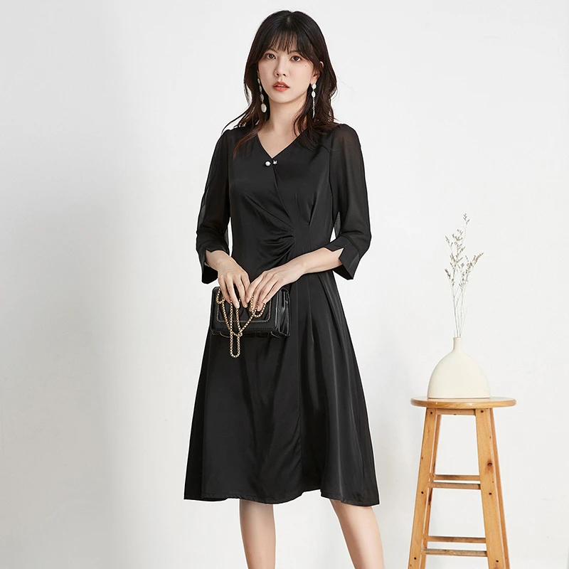 E009气质名媛中裙V领七分袖裙子连衣裙女2024春41FA0A0010