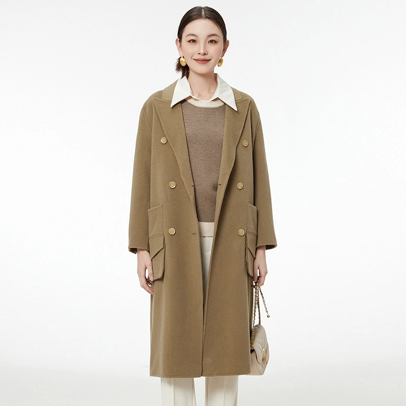 H115含绵羊毛纯色双面尼毛呢外套大衣女44OC1E0003