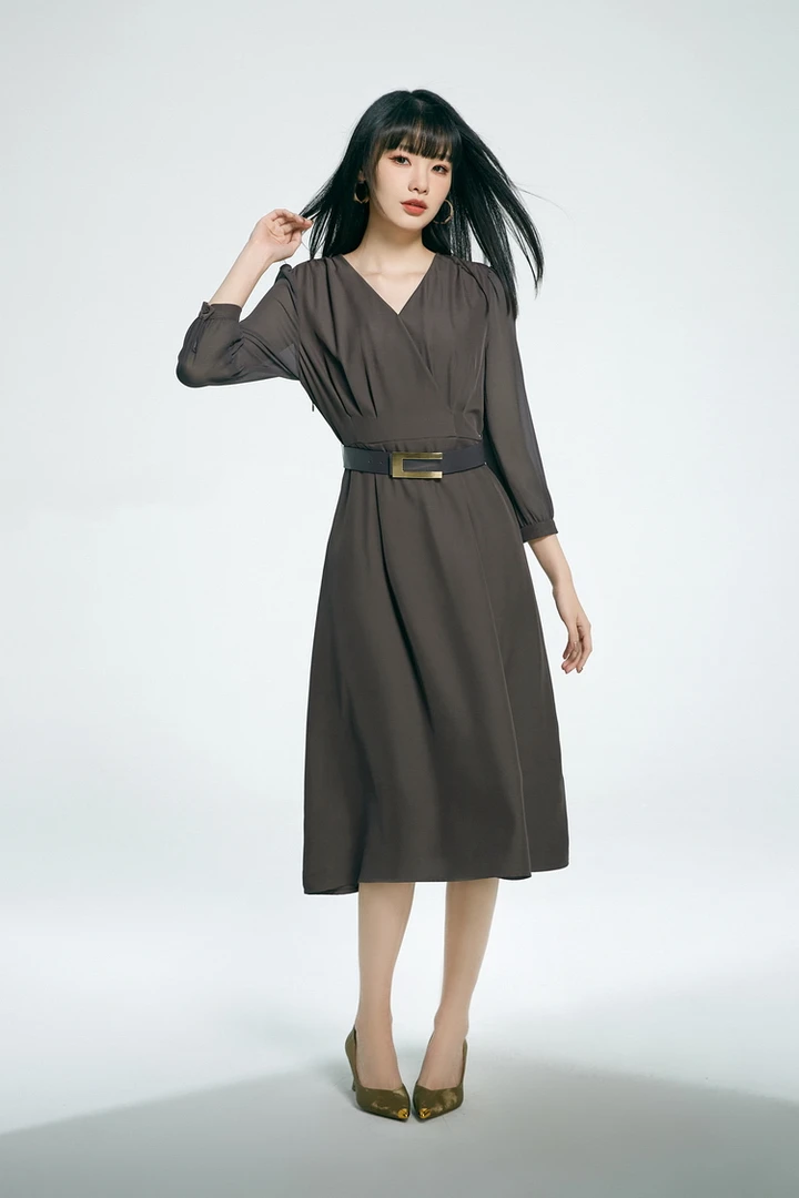 知性优雅气质收腰显瘦v领连衣裙女41KA0A0002