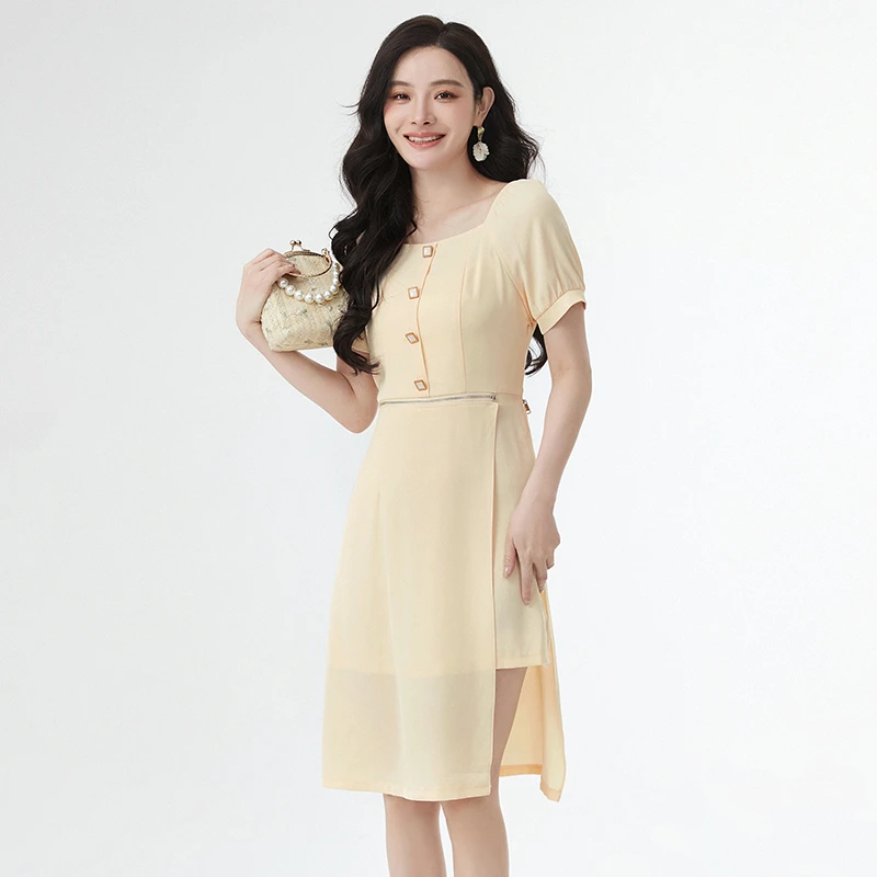 G045素雅通勤圆领中裙高腰裙子连衣裙女42AS0A0020