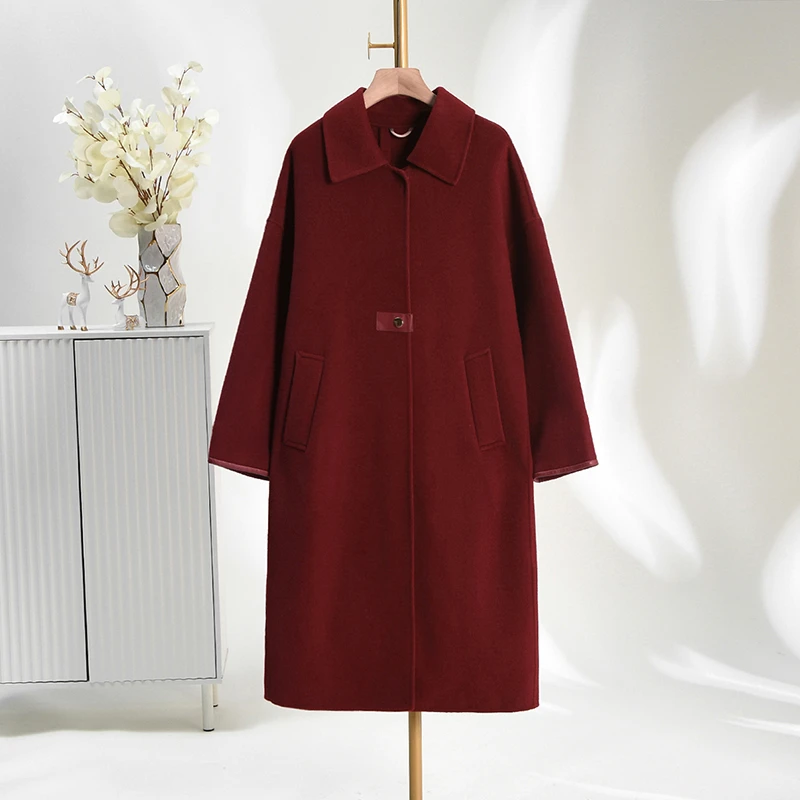 E324含羊毛宽松双面尼毛呢外套大衣女冬44HE1E0324