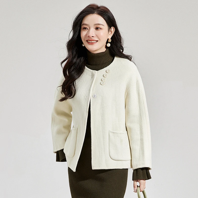 H029简约九分袖双面尼毛呢外套大衣女2024冬44HE1E0118