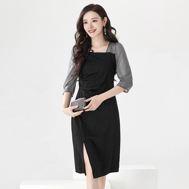 43HH0A0038拼色九分袖裙子连衣裙专柜折扣女装2024秋