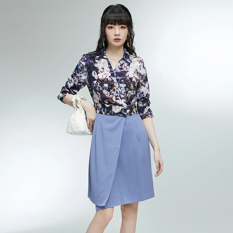 43JG0A0009拼色碎花中裙知性优雅裙子连衣裙女