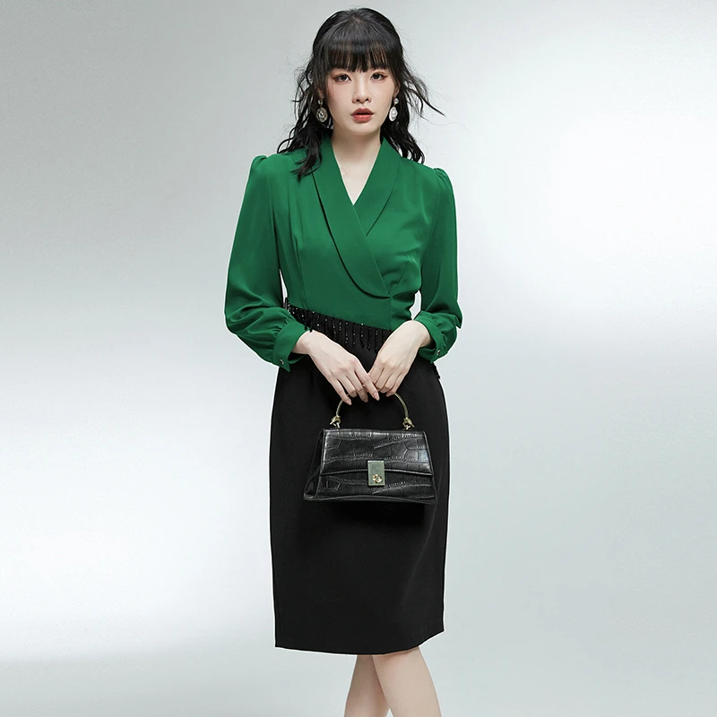 串珠流苏设计裙子拼色长袖连衣裙女43SM0A0002