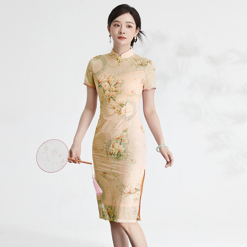 G331民国风修身裙子淡雅印花紧身旗袍女42QP0Y0009