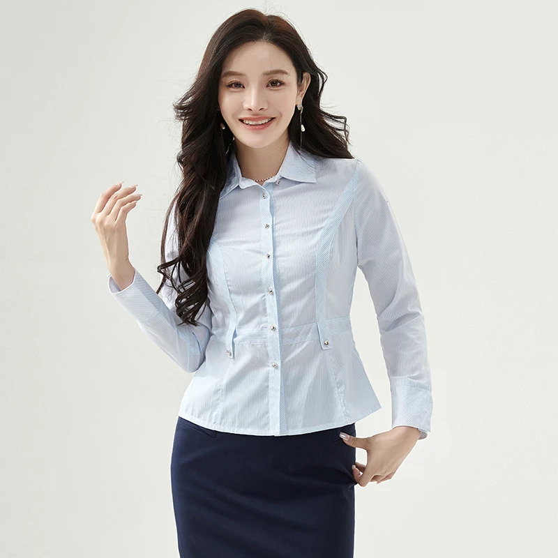43EI0D0002职场通勤棉质上衣单排扣长袖衬衫女2024秋