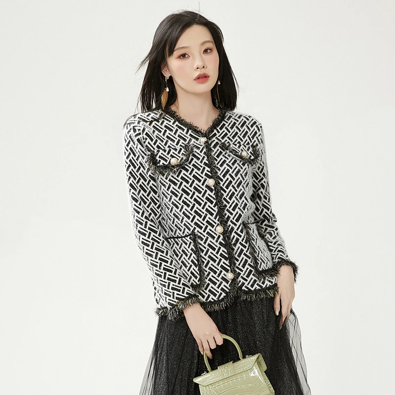 44DR0K0011小香风带毛边上衣长袖V领外套女