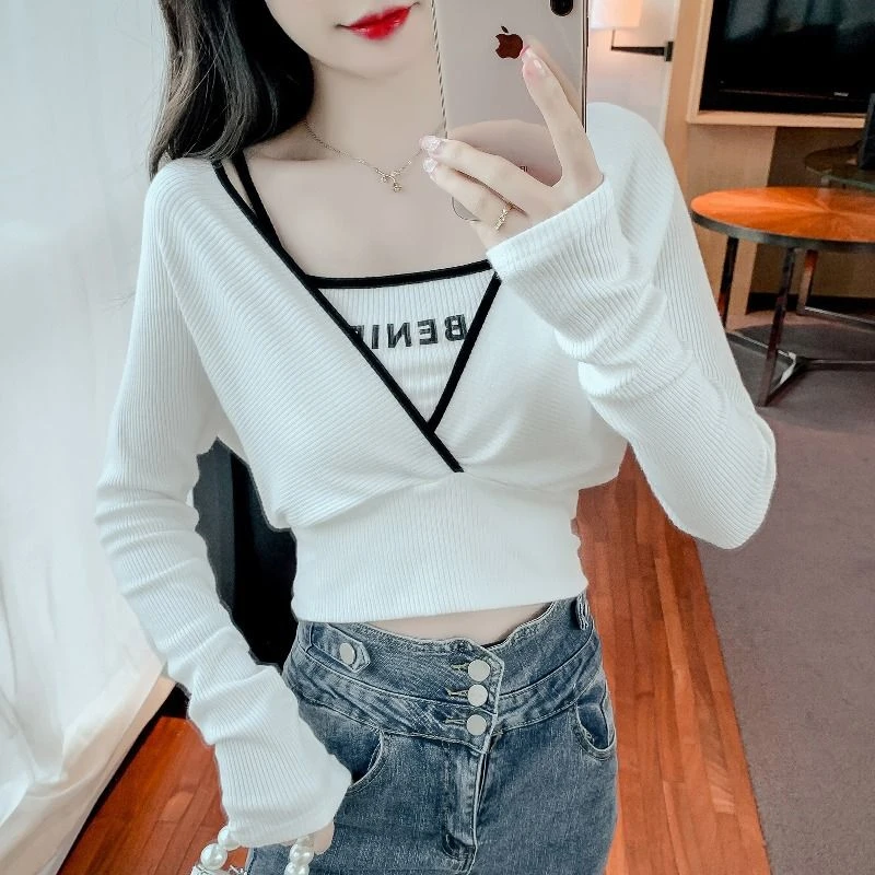 假两件吊带T恤女秋装新款2022设计感小众辣妹短款拼色长袖上衣服
