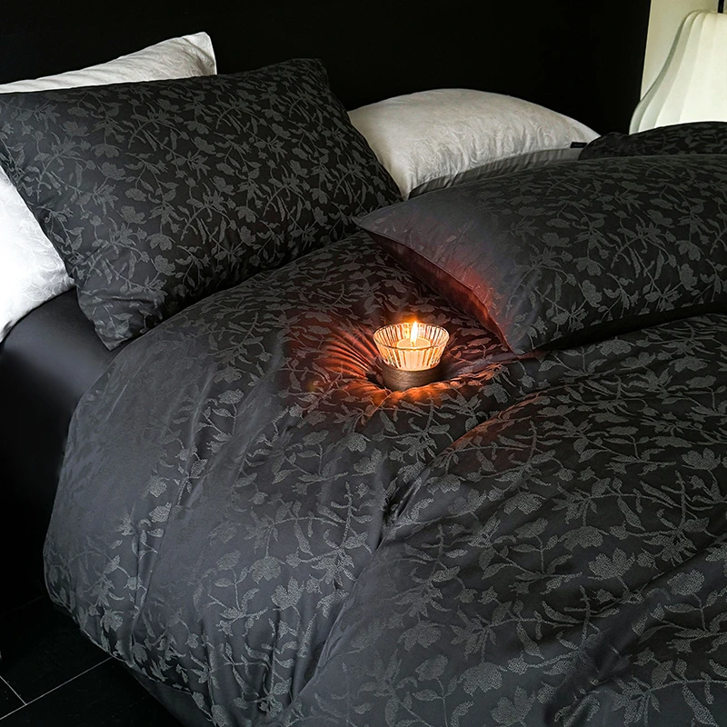 2026新款100S纯棉贡缎提花床上四件套高端黑色春夏床单床笠款被套