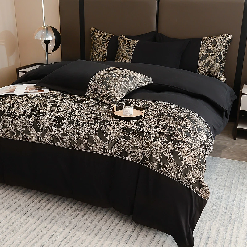 新款轻奢浮雕刺绣提花床品四件套简约高级感黑色耐脏床单床笠被套