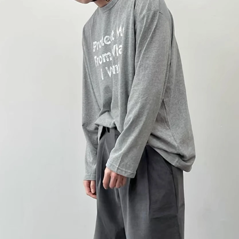 100%纯棉宽松美式休闲印花圆领长袖痞帅春秋季男款t恤ins上衣男士