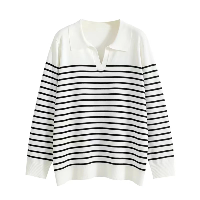 【Double】孕妇针织衫polo领时尚显瘦大码宽松条纹翻领百搭女士休闲